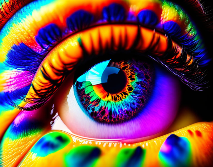 Close-Up of Eye with Multicolored Neon Makeup & Rainbow-Like Iris Colors