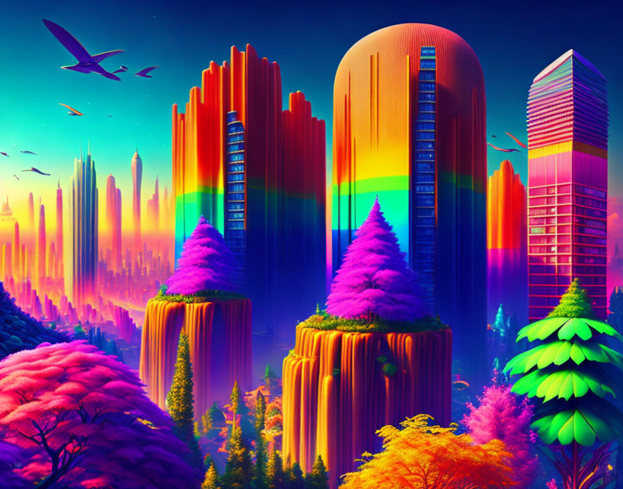 Colorful surreal cityscape with skyscrapers, floating islands, and vivid sky.