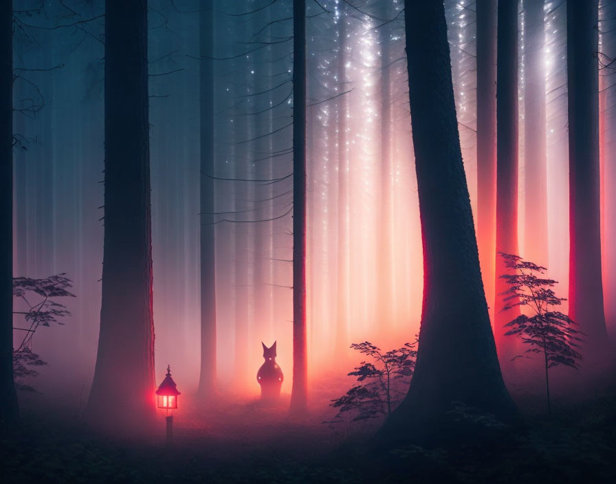 Enchanting forest scene with fog, lantern, red light beams, and fox