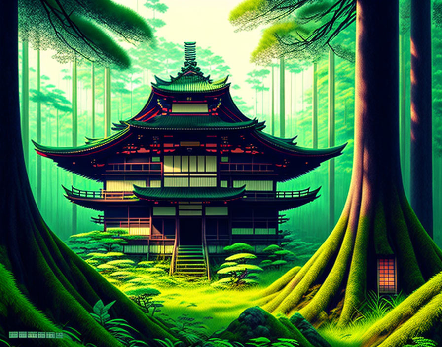 Serene Japanese Pagoda in Verdant Forest