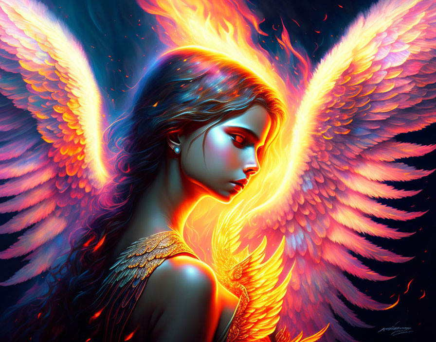 Digital artwork: Woman with fiery orange wings on dark blue background