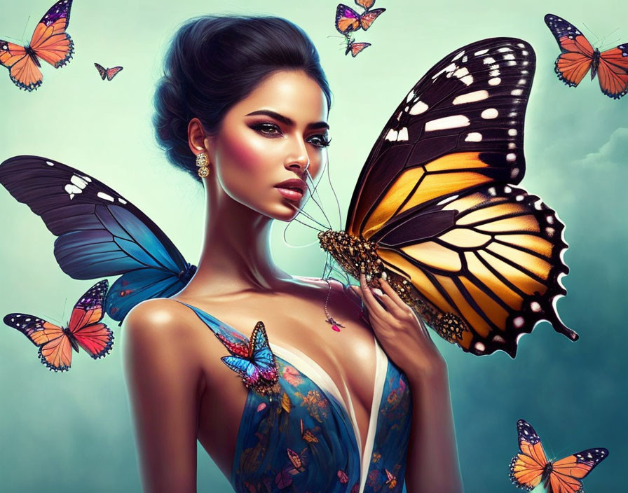 Woman surrounded by vibrant butterflies on blue background