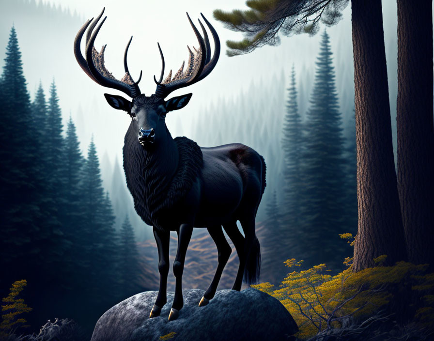 Majestic stag with large antlers in misty forest at dusk