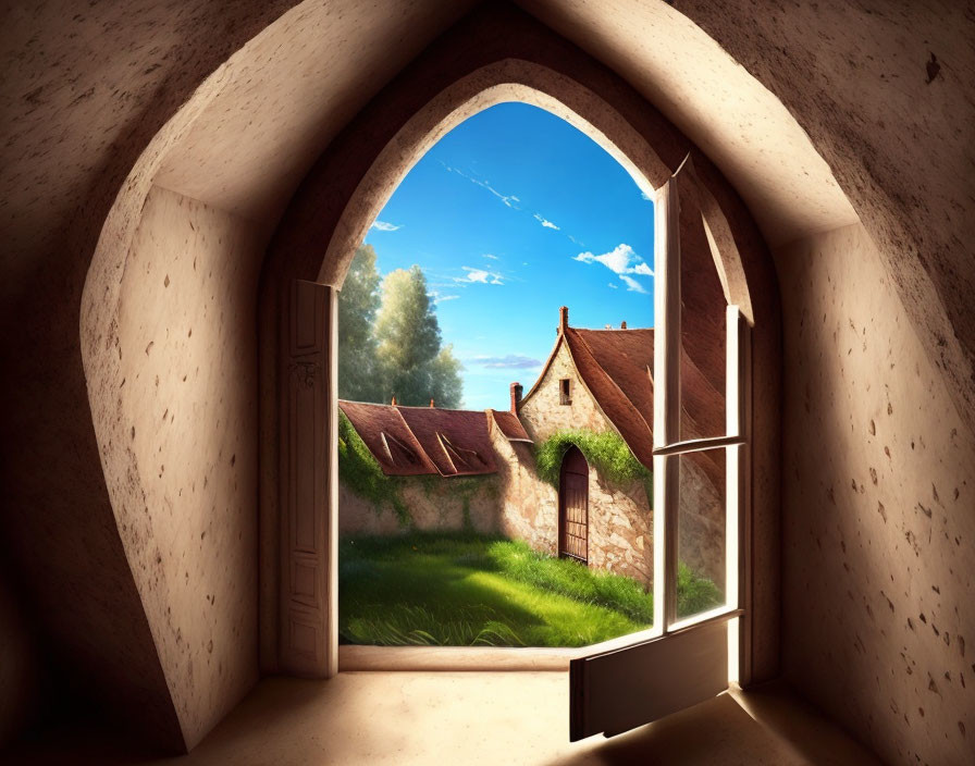 Arched window framing sunny rural landscape with house, grass, and blue sky