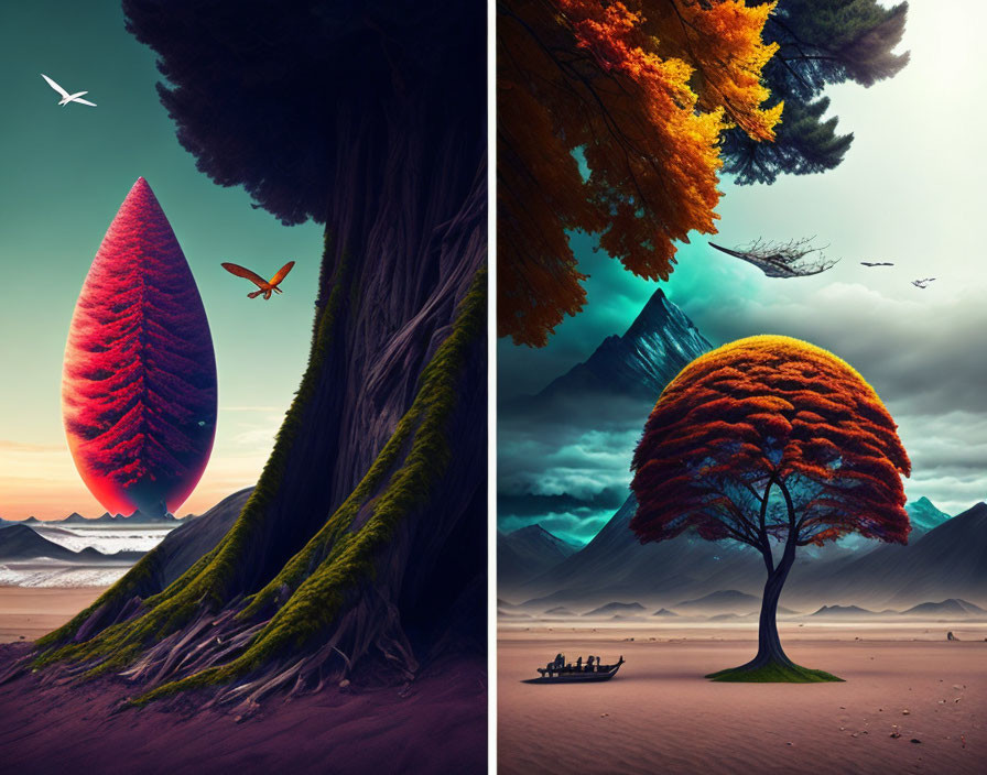 Dual surreal landscapes: giant red leaf structure and vivid orange tree in contrasting environments with flying birds.