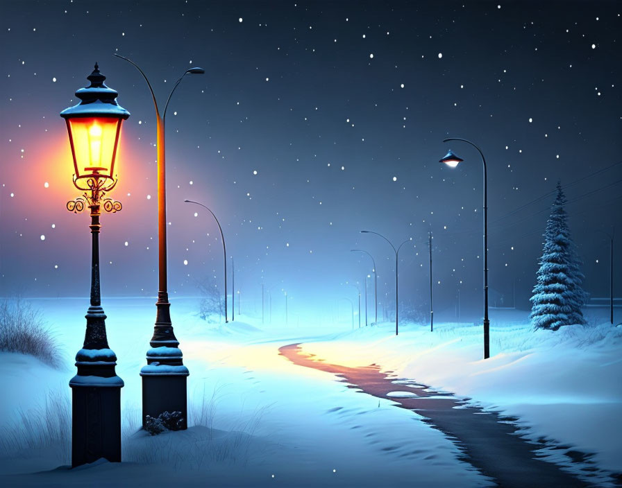 Snow-covered path at night with glowing street lamps under starry sky