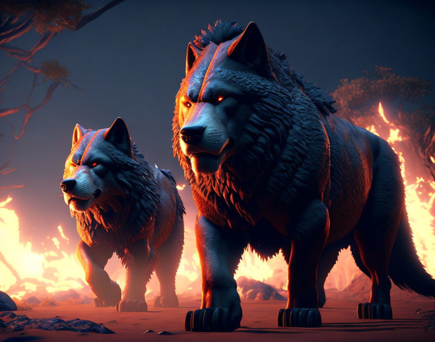 Animated wolves under dusky sky with flames and dark trees