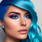 Portrait of a person with vibrant blue hair and eyes on neutral background