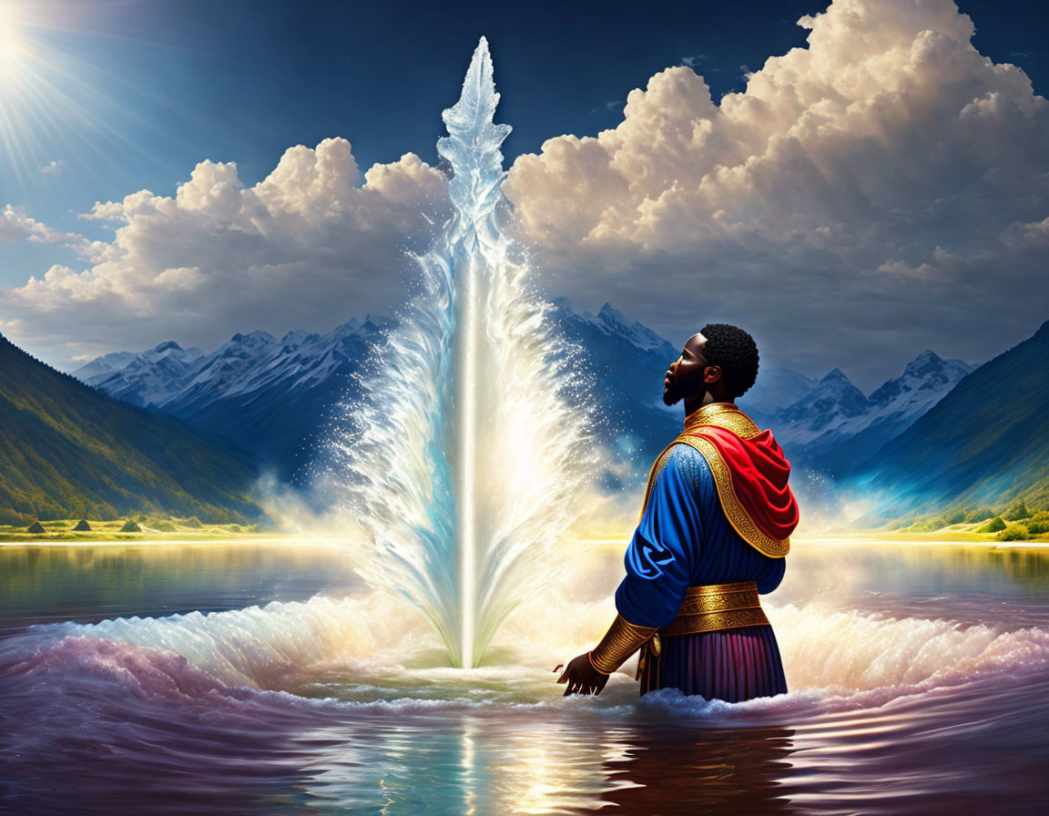 Man in ancient garb gazes at luminous water fountain in serene mountain landscape