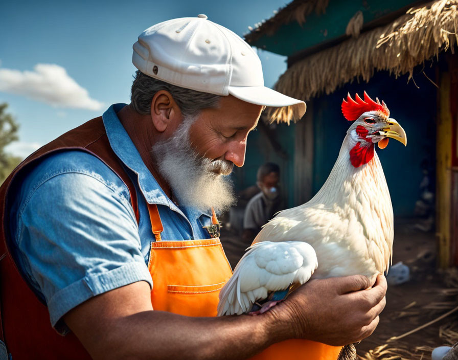 Smiling man with white beard holds chicken on farm