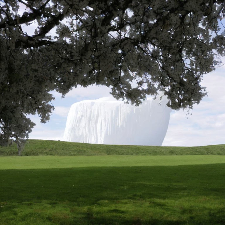 Surreal white draped cube structure in green field with tree branches