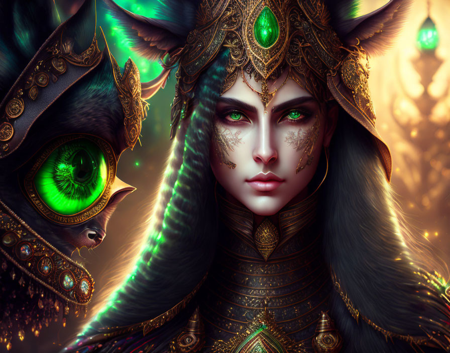 Fantasy artwork: Woman with cat-like features in ornate gold armor with green gemstones, accompanied