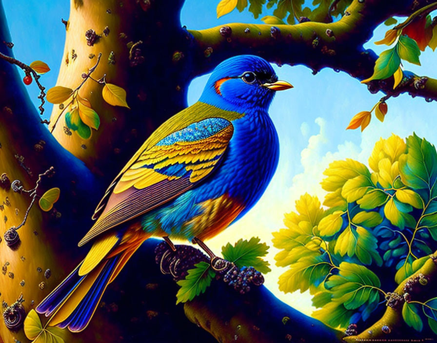 Colorful Bird Illustration Perched on Tree Branch