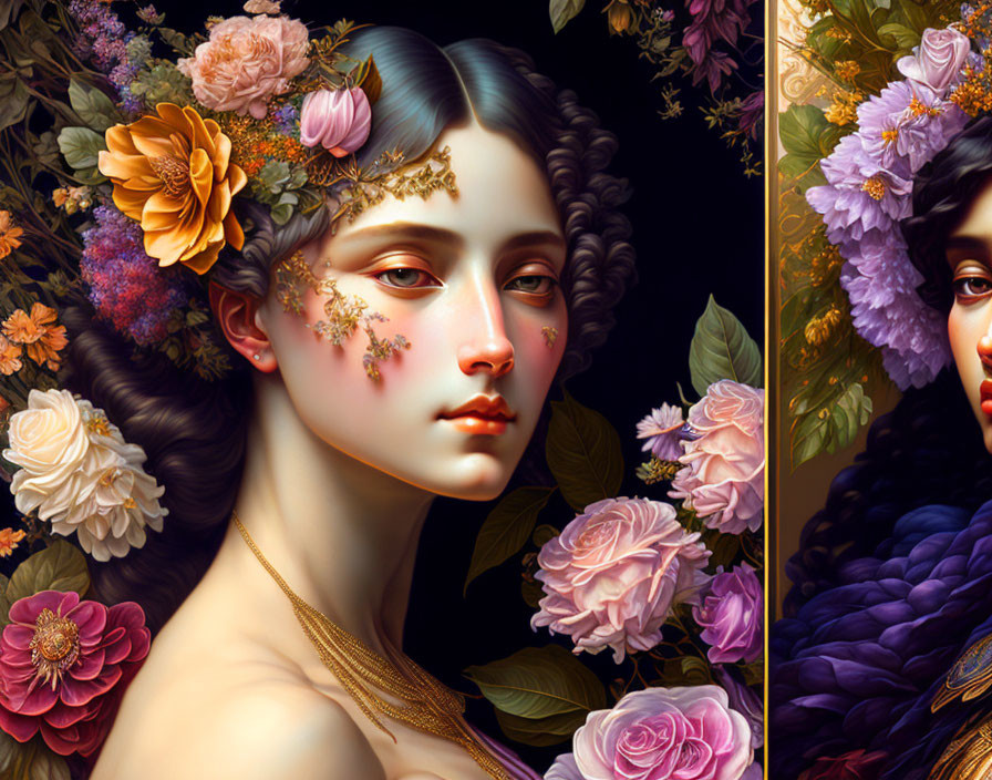 Digital Artwork: Women Portraits with Floral Details on Dark Background