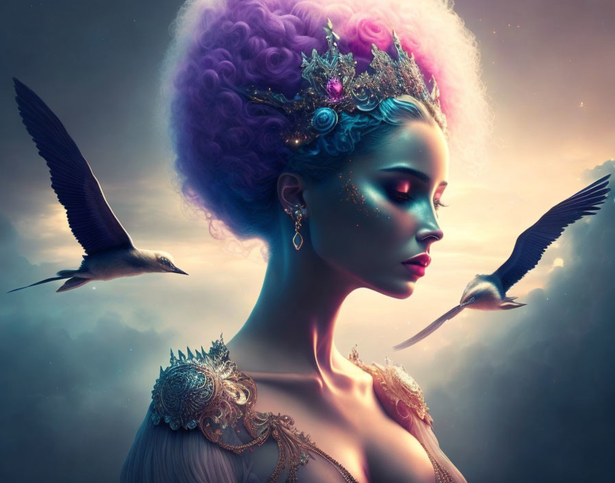 Surreal portrait of woman with purple hair, flowers, crown, birds, dreamy twilight.