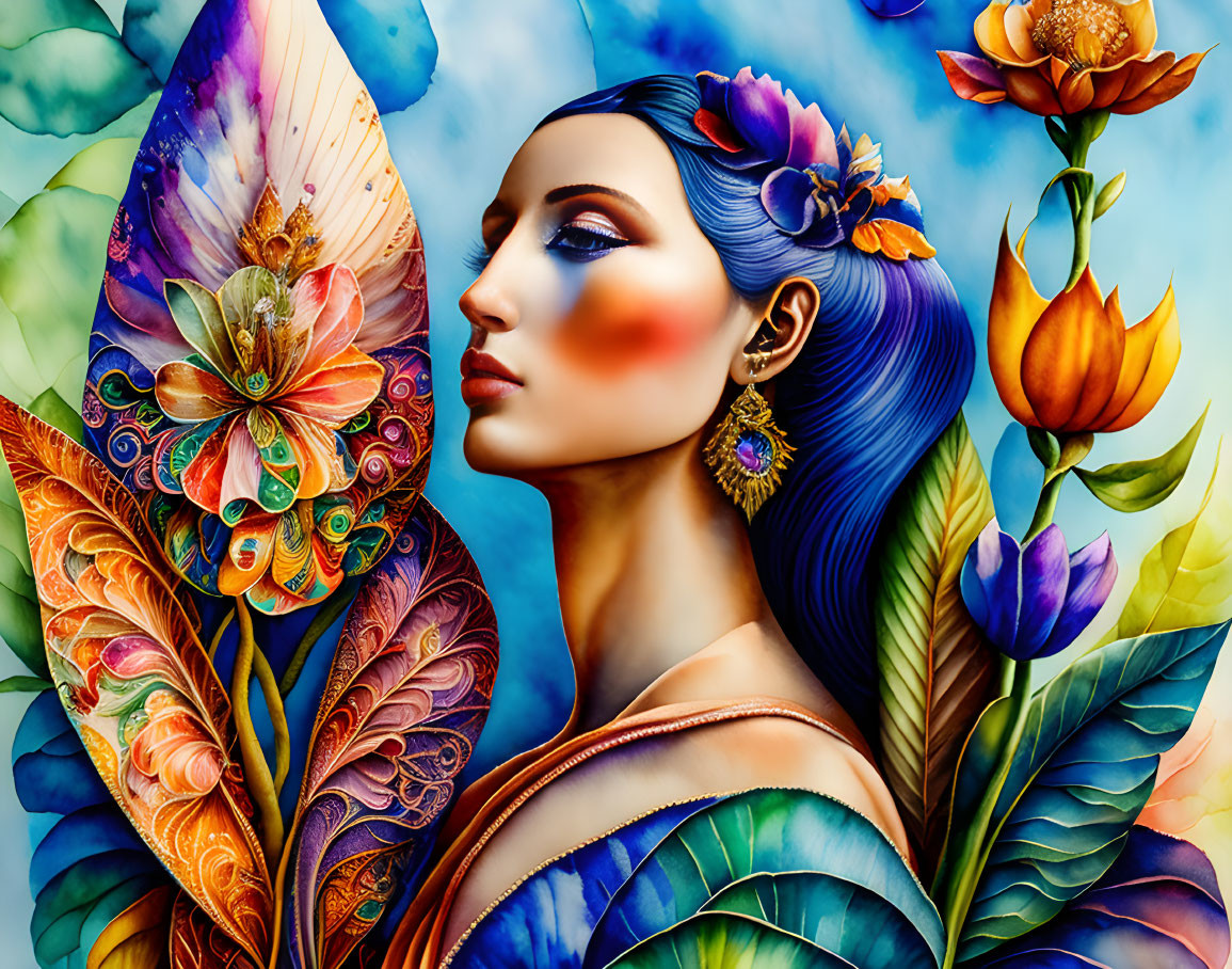 Colorful Woman with Blue Hair and Floral Accessories