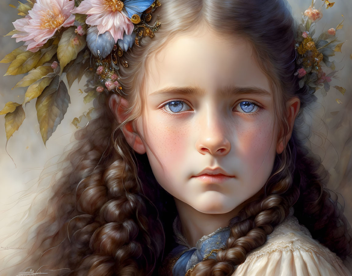 Detailed painting: Young girl with big blue eyes, curly brown hair, adorned with flowers, and a