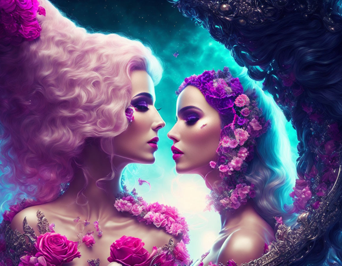 Artistic female figures with floral hairstyles in cosmic setting