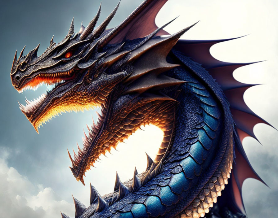 Detailed Close-Up of Majestic Blue Dragon with Multiple Horns and Orange Eyes against Cloudy Sky