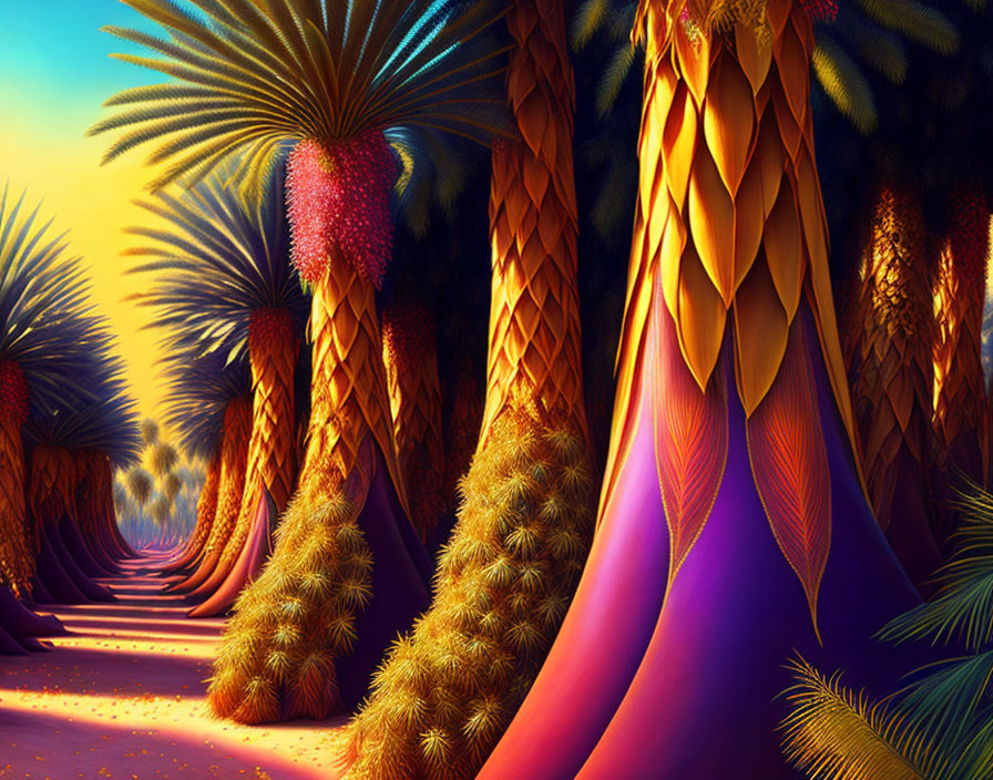 Colorful palm tree path illustration with dreamlike atmosphere