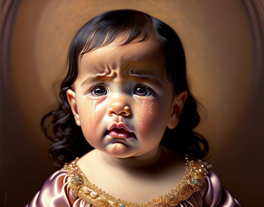 Toddler with curly hair in gold-trimmed garment, teary-eyed