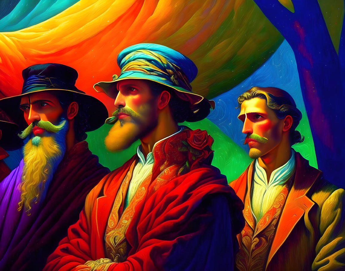 Colorful Attired Men with Prominent Mustaches Against Rainbow Backdrop