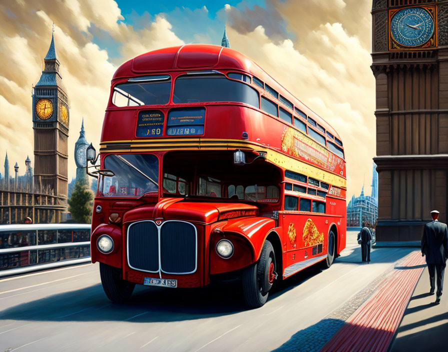 Iconic London scene: red double-decker bus near Big Ben with clear sky and city architecture.