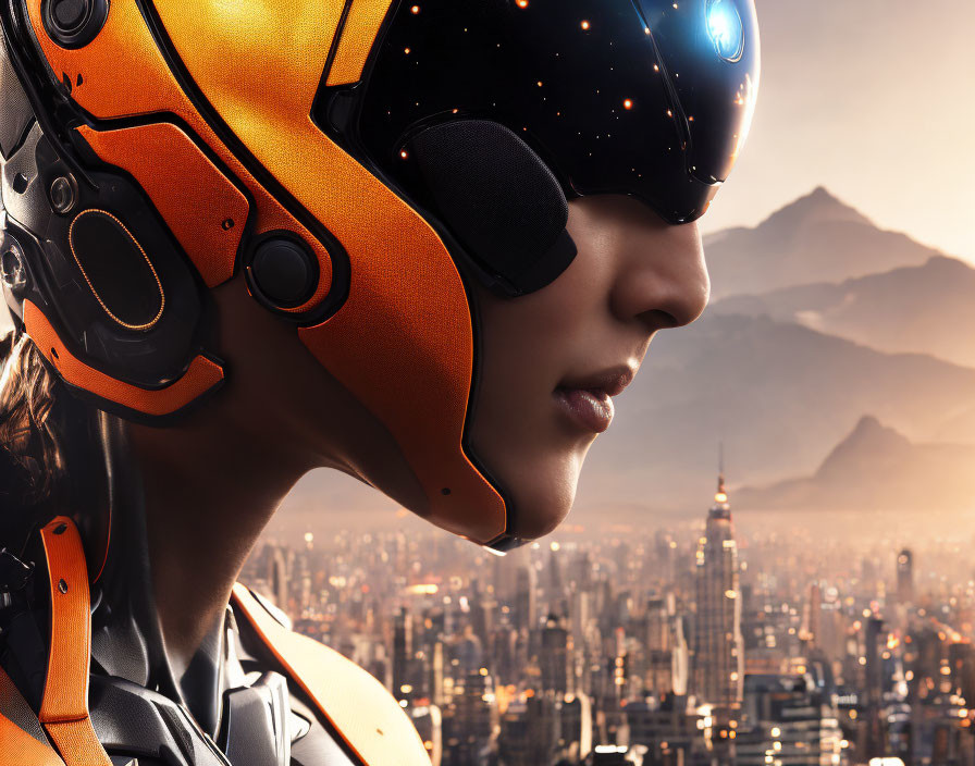 Person in High-Tech Helmet with Illuminated Visor in Futuristic Cityscape