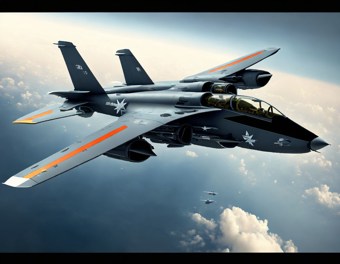 Orange and white fighter jet flying over ocean and clouds at sunset