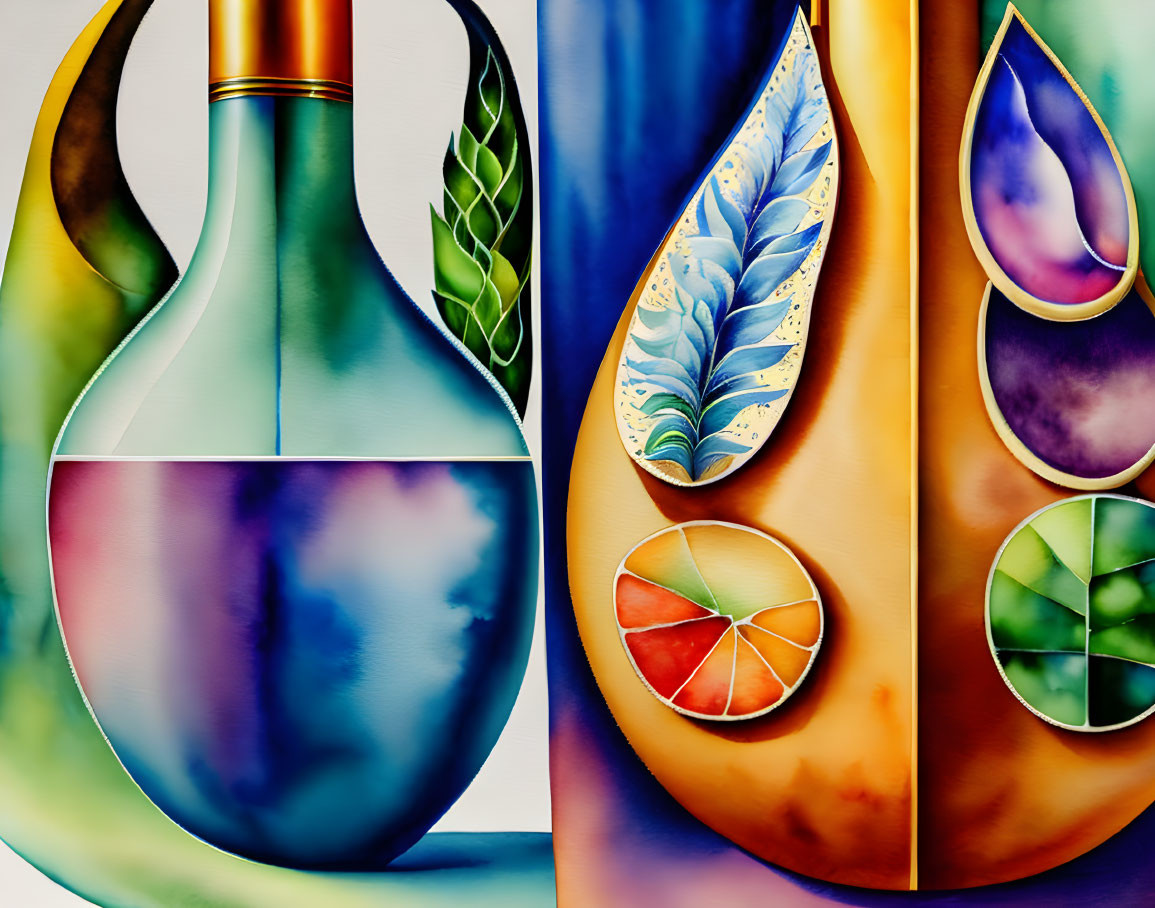 Colorful Abstract Art: Bottle, Leaves, and Fruits Motifs