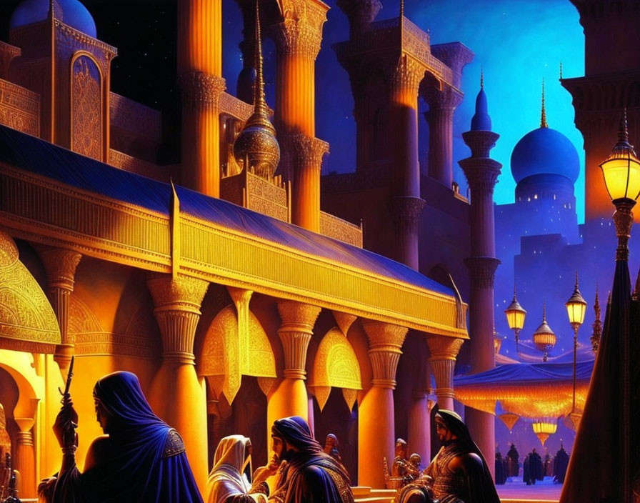 Vibrant Middle Eastern market scene at dusk with intricate architecture.