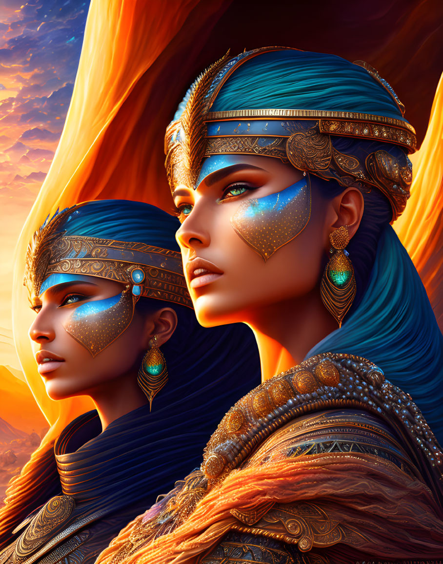 Two women with blue hair and ornate gold jewelry against warm sunset backdrop