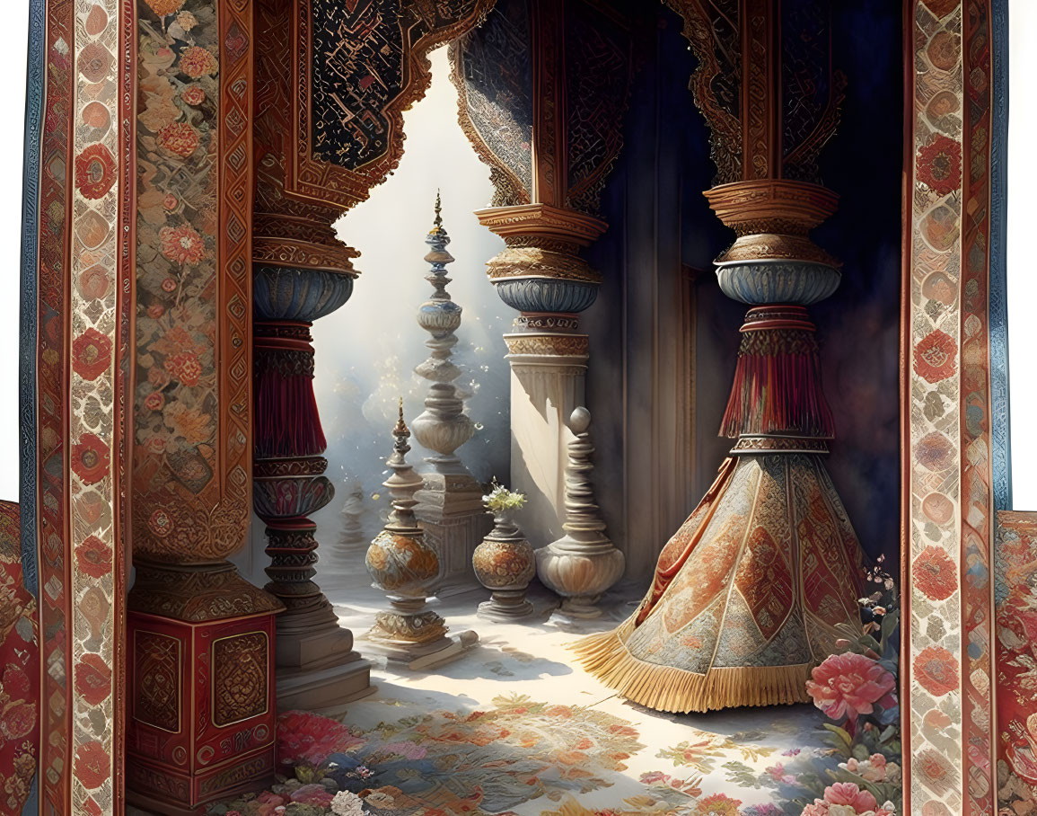 Opulent room with intricate patterns, decorative vase, and glistening tower view