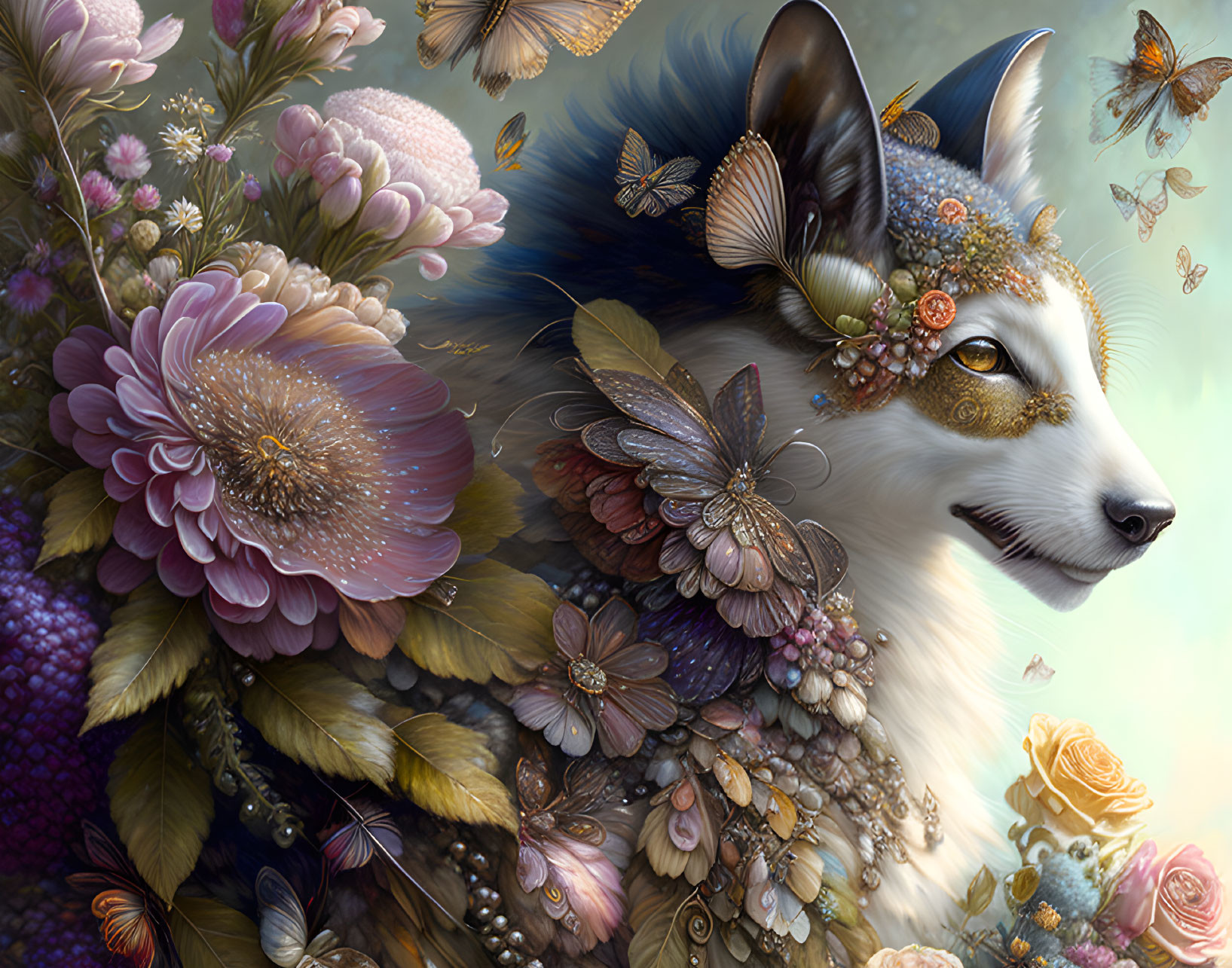 Fantastical portrait of a dog with floral tapestry and butterfly wings