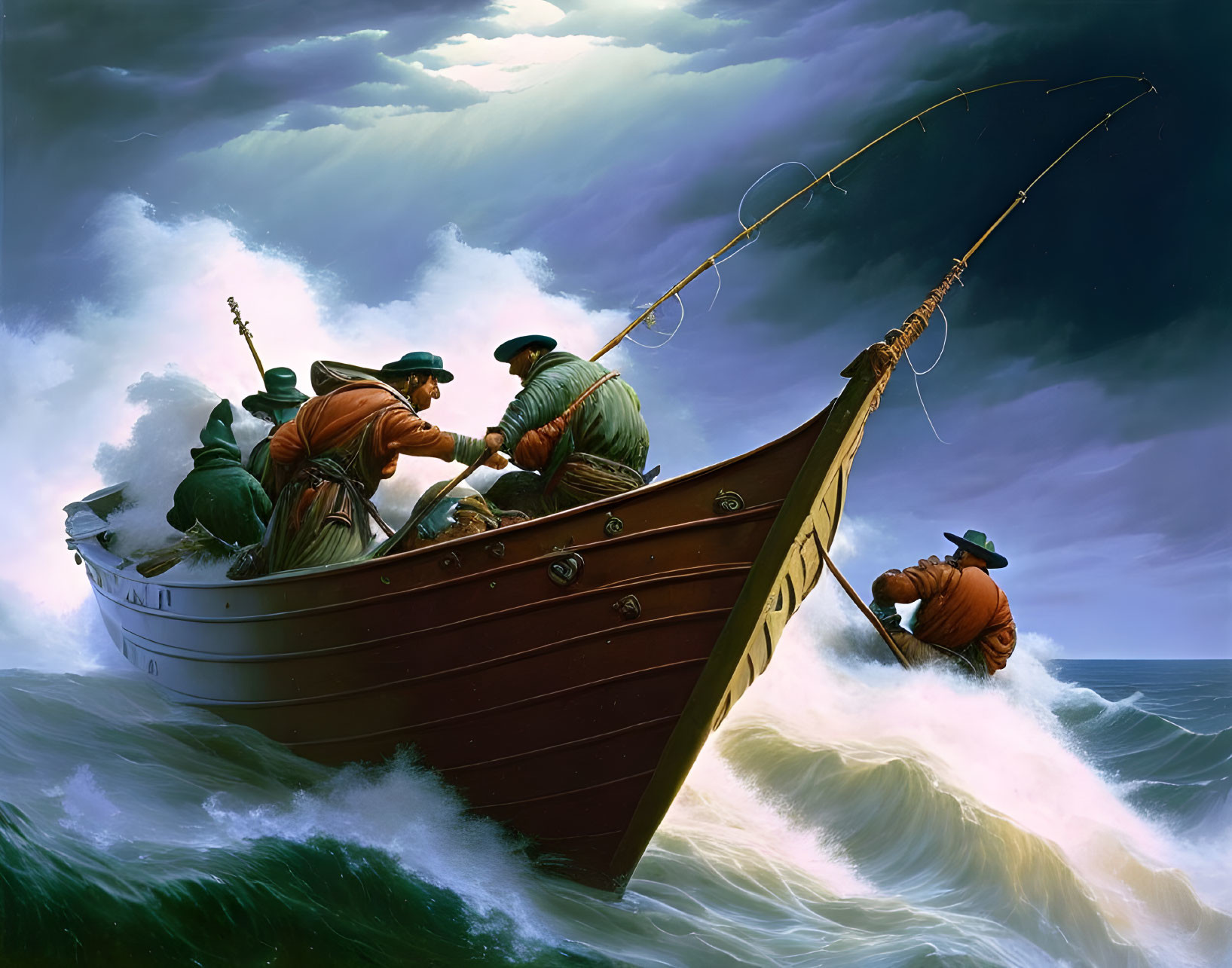 Three fishermen in small boat battling large waves