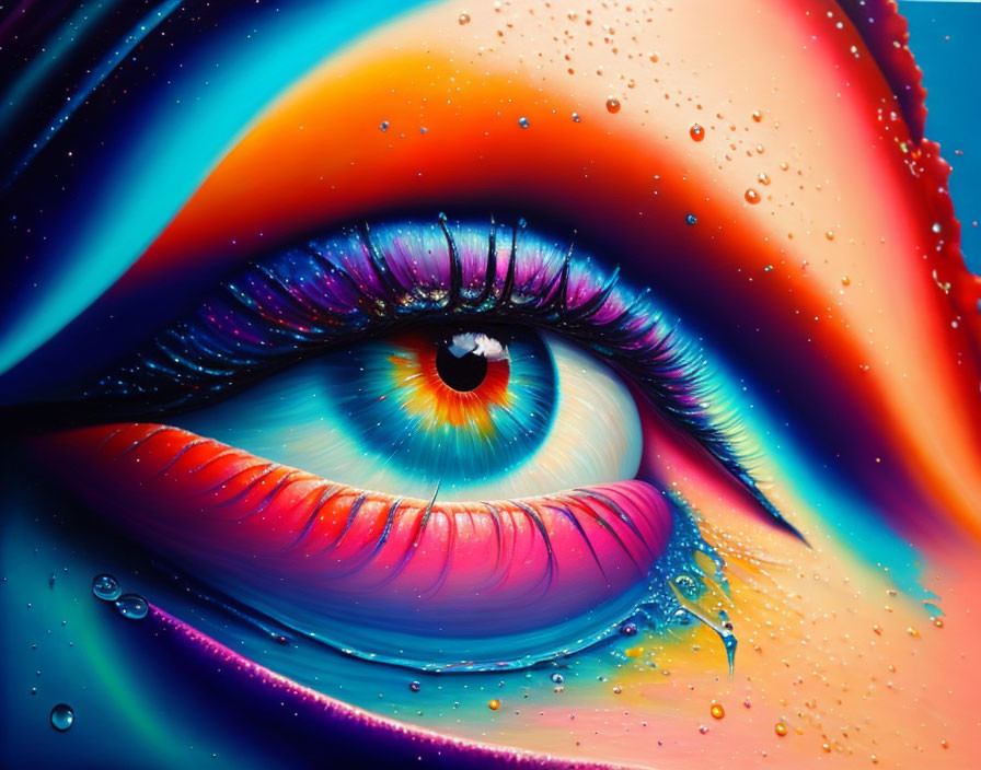 Close-up of vibrant multicolored eye with water droplets and surreal glossiness