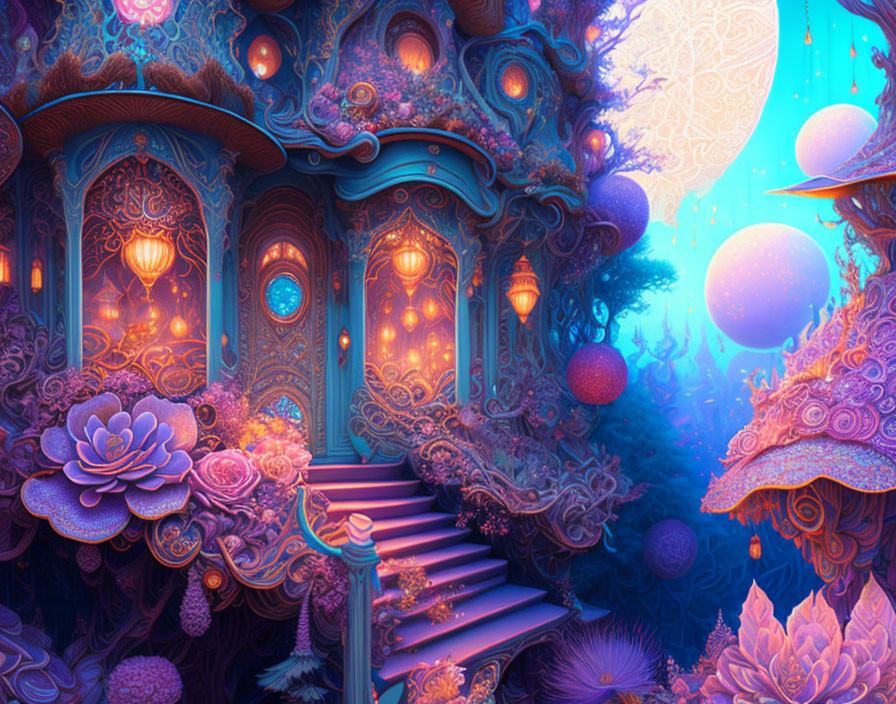 Fantastical glowing structure in oversized flora with floating orbs