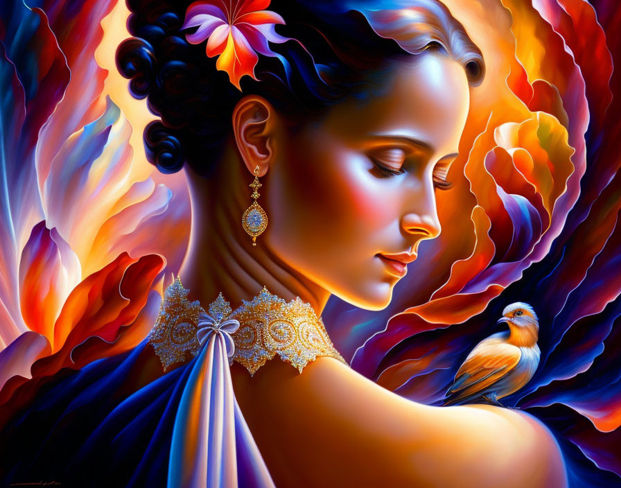 Colorful portrait of a woman with flower hairpiece and bird in surreal setting