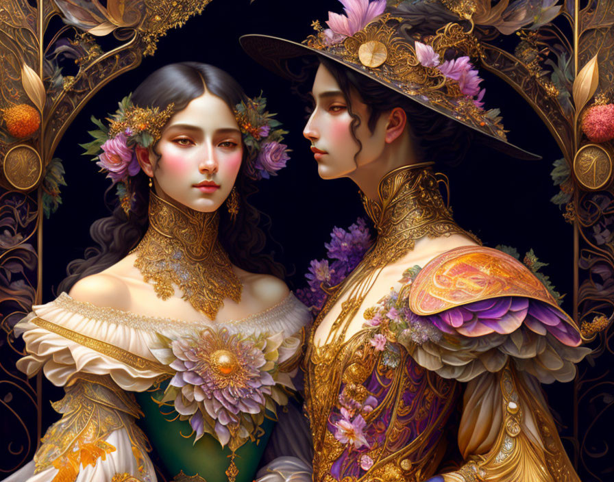 Detailed Renaissance-inspired man and woman in ornate attire with flowers and gold on dark background