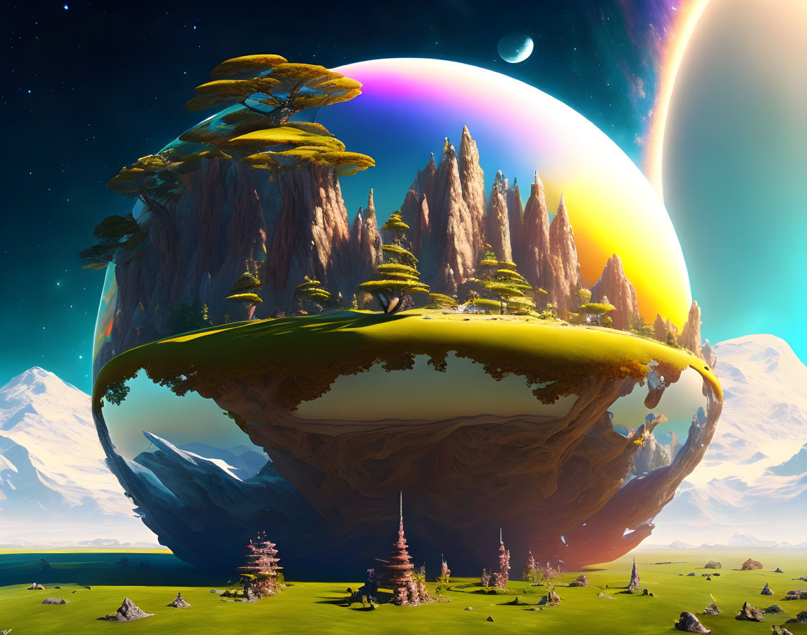 Fantastical floating island with lush greenery and towering cliffs under a vibrant sky in wide landscape