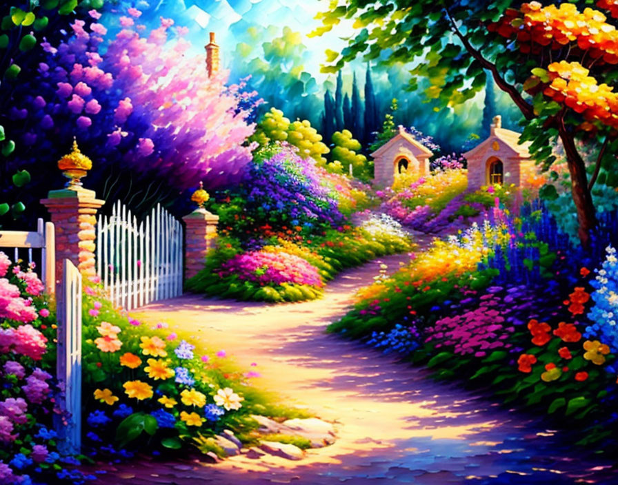 Colorful garden path with blooming flowers and white fence under luminous sky