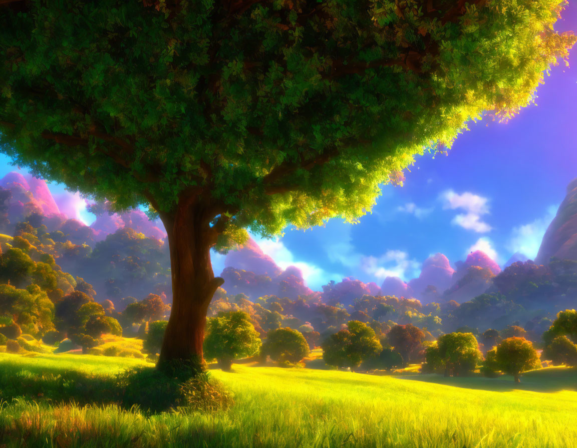 Lush tree with thick foliage in vibrant grassy field under colorful sky