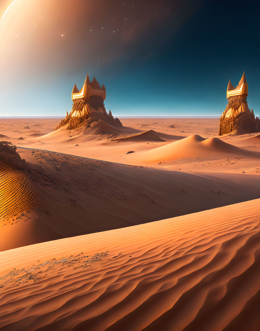 Fantasy desert landscape with ornate structures under starry sky