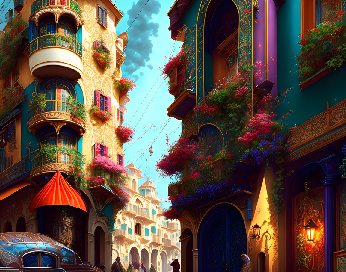 Ornate buildings and flower-adorned balconies in warm street scene