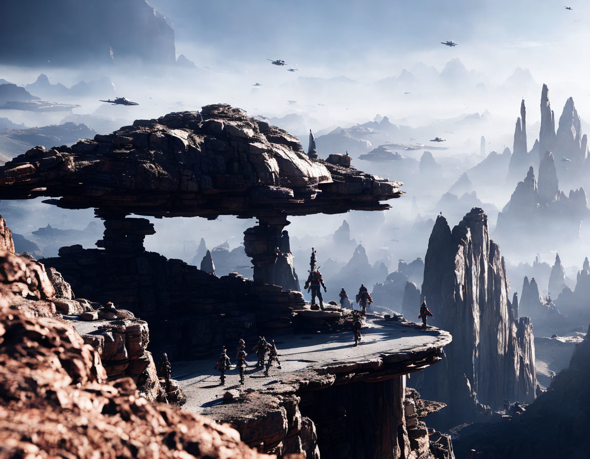 Futuristic soldiers in mountainous landscape with rock formations and flying vehicles