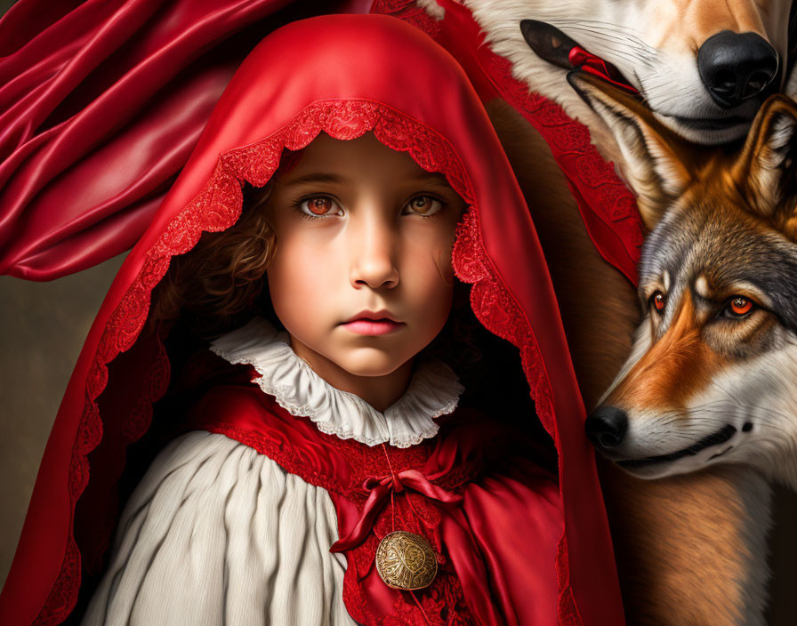Young girl in red hooded cloak with serene expression next to realistic wolf on richly colored backdrop