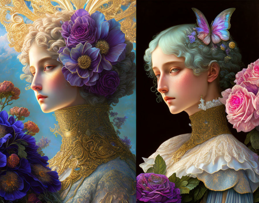 Digital artwork: Two women with floral hairstyles in ornate period clothing