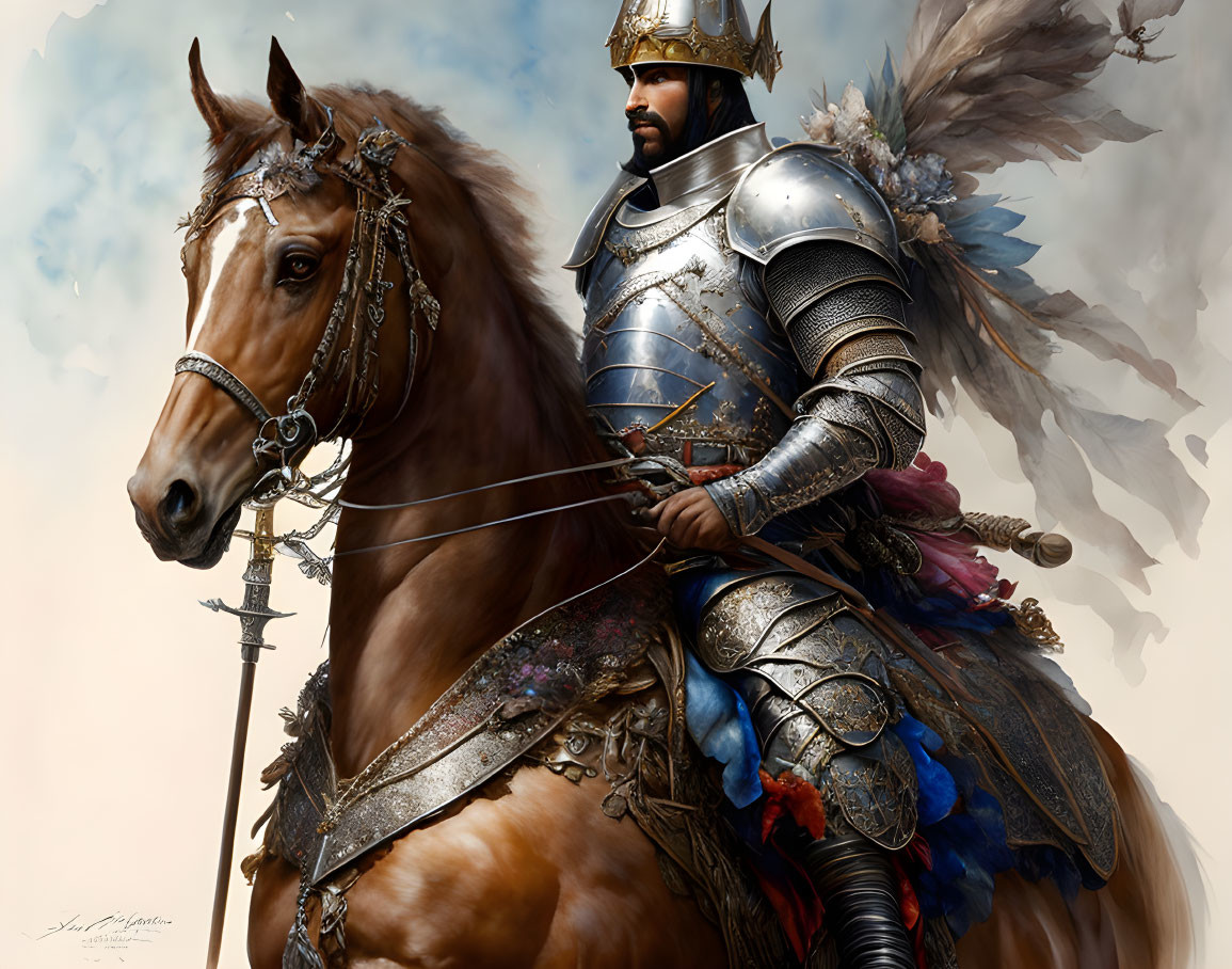 Armored knight on horseback against soft clouds