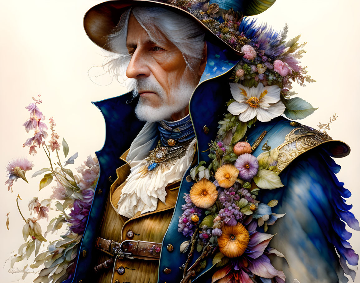 Detailed depiction: Elderly man in elaborate floral attire with feathered hat.