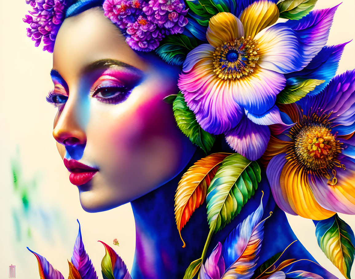 Colorful Woman Illustration with Floral Elements and Surreal Aesthetic